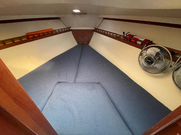 1984 Catalina 30 interior cabin with blue bedding, fan, and storage shelves.