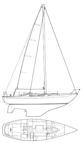 Line drawing of a 1984 Camper & Nicholsons Nicholson 35 sailboat, side and top views.