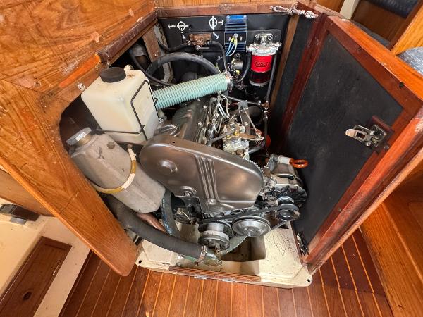Engine compartment of a 1984 Camper & Nicholsons Nicholson 35 sailboat.