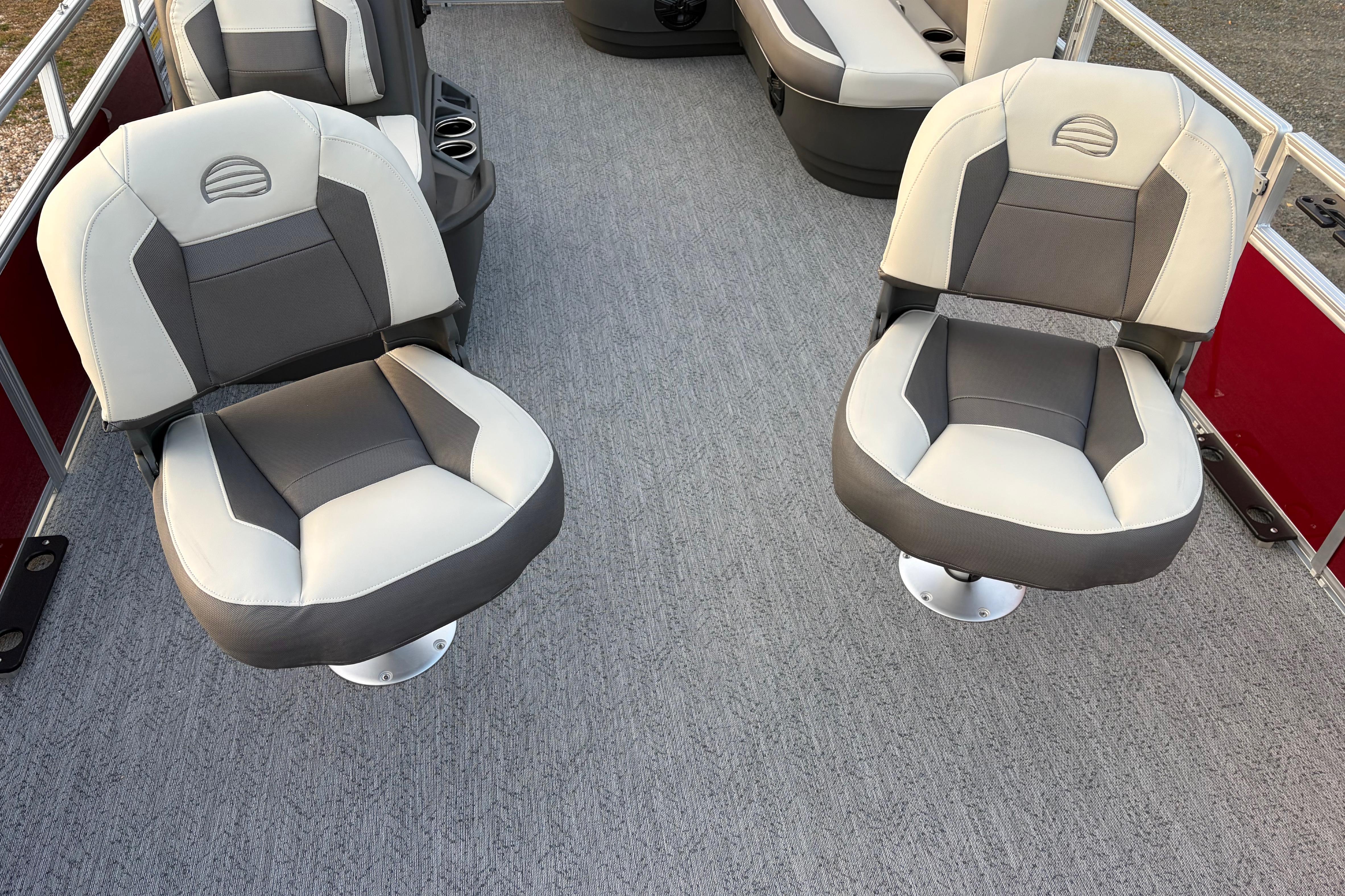 2026 Sun Tracker Bass Buggy 16 XL Select boat seats, gray and white upholstery.