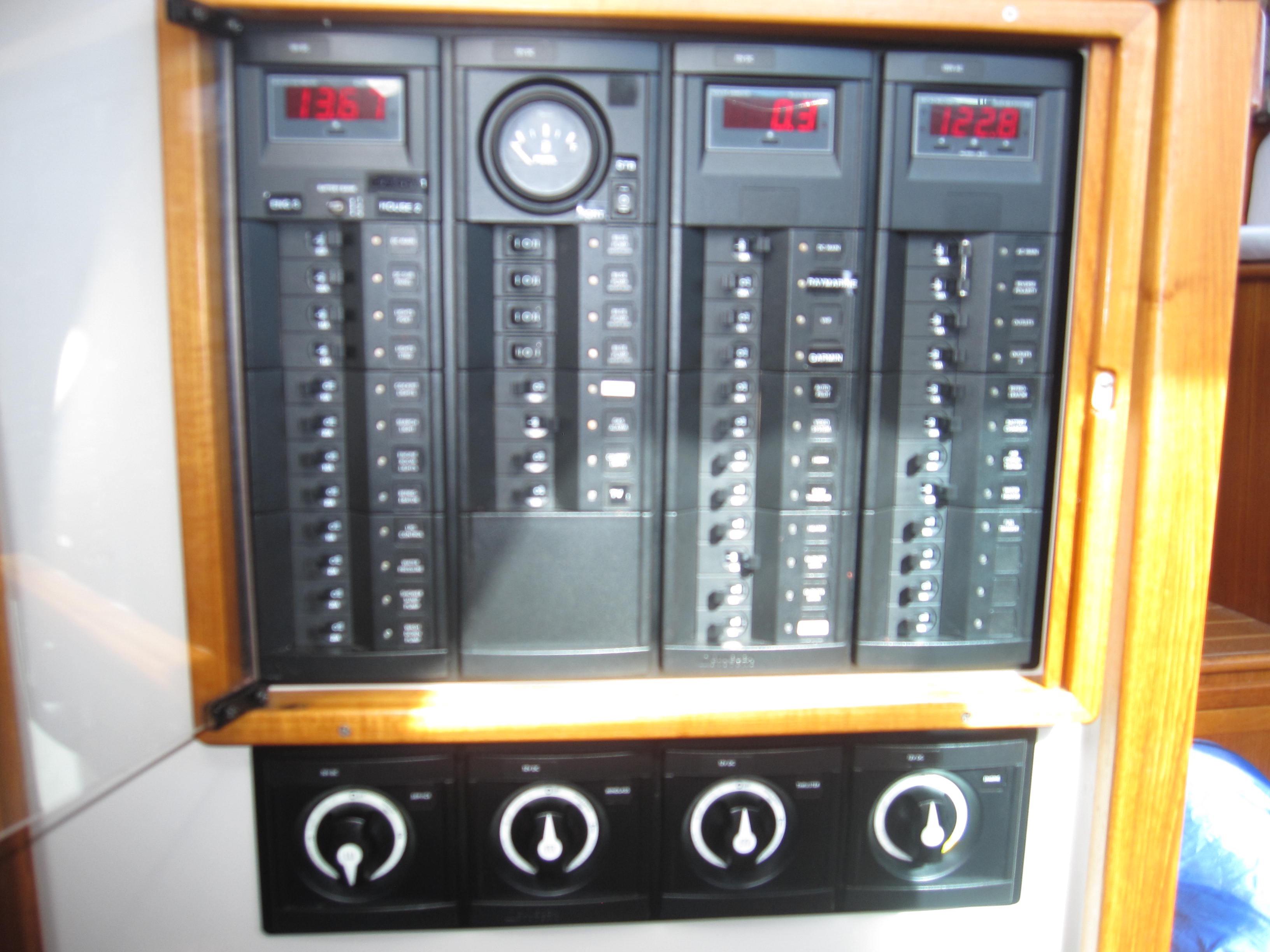 Electrical control panel of a 1990 Blue Seas 31 Hardtop Cruiser boat.