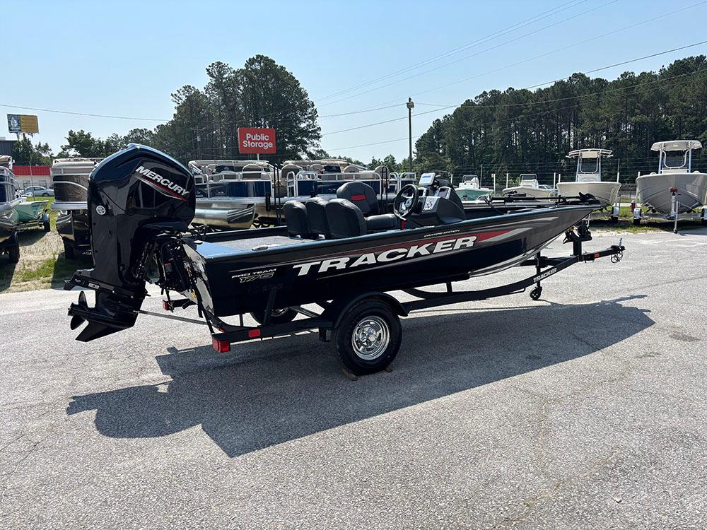 2025 Tracker Pro Team 175 Crappie Edition boat with Mercury engine, parked outdoors.