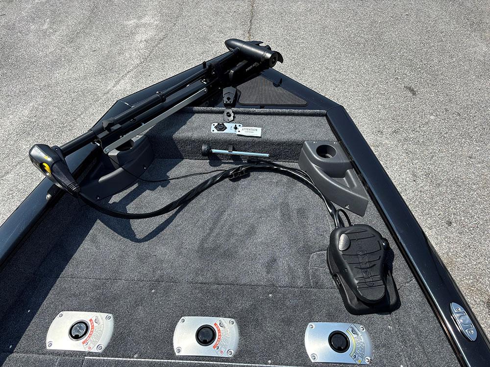 2025 Tracker Pro Team 175 Crappie Edition boat deck with trolling motor and controls.