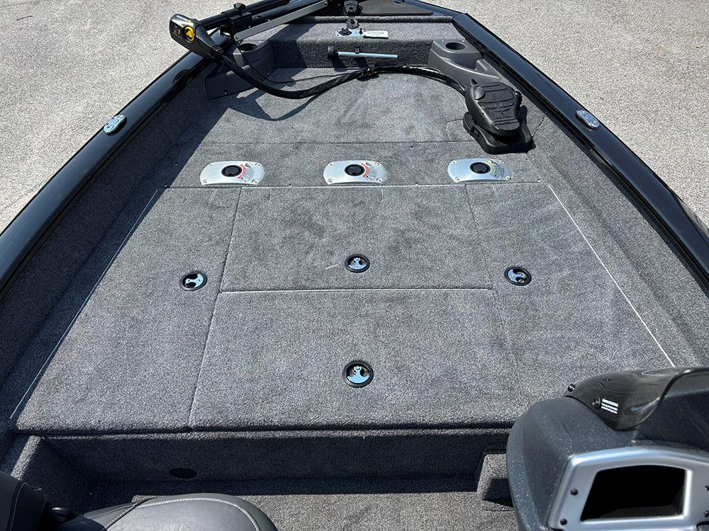 2025 Tracker Pro Team 175 Crappie Edition boat deck with fishing rod holders.