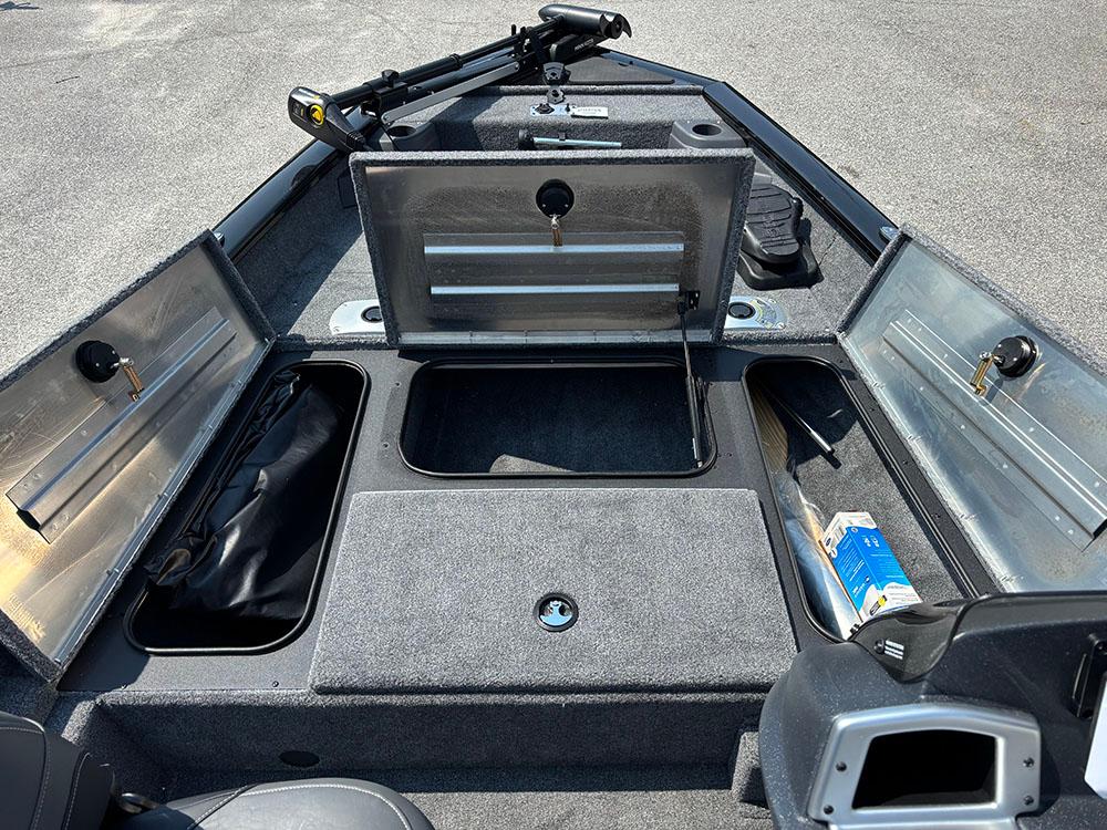 2025 Tracker Pro Team 175 Crappie Edition boat interior with open storage compartments.
