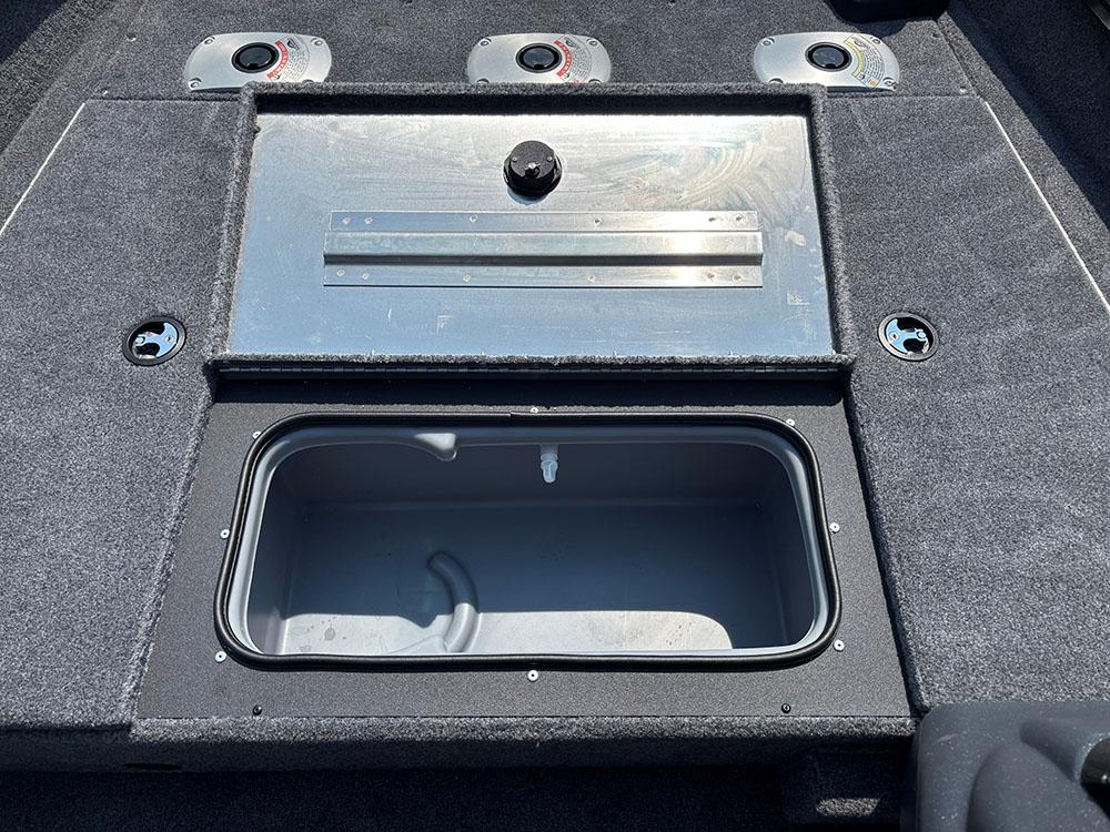 2025 Tracker Pro Team 175 Crappie Edition boat storage compartments and gauges.