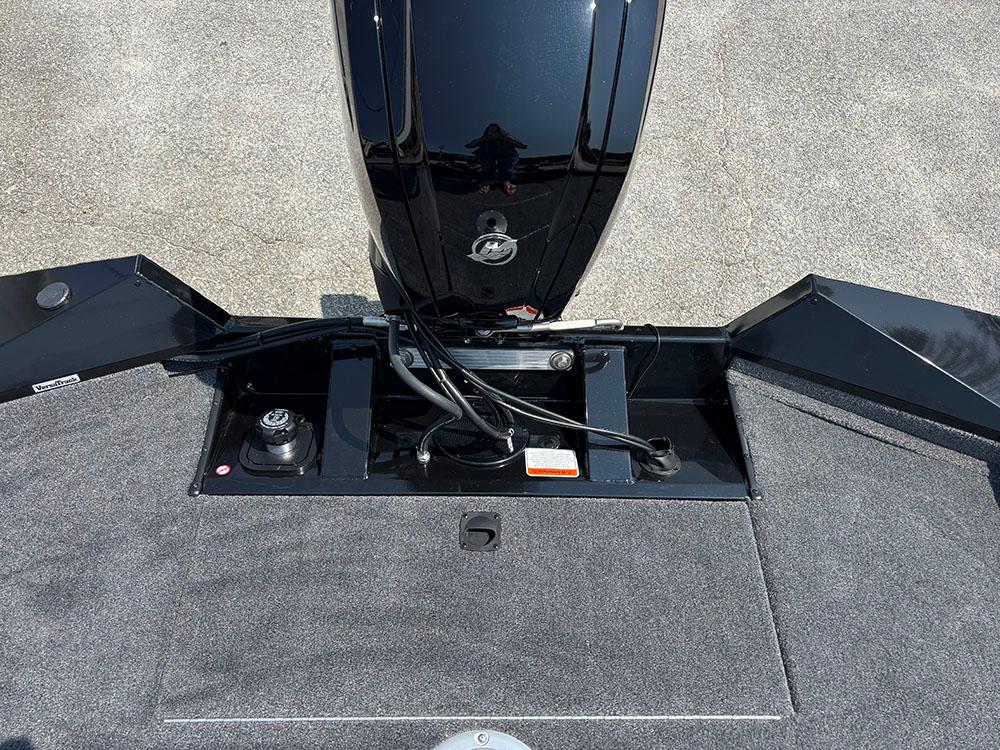 2025 Tracker Pro Team 175 Crappie Edition boat, rear view showing motor and deck details.