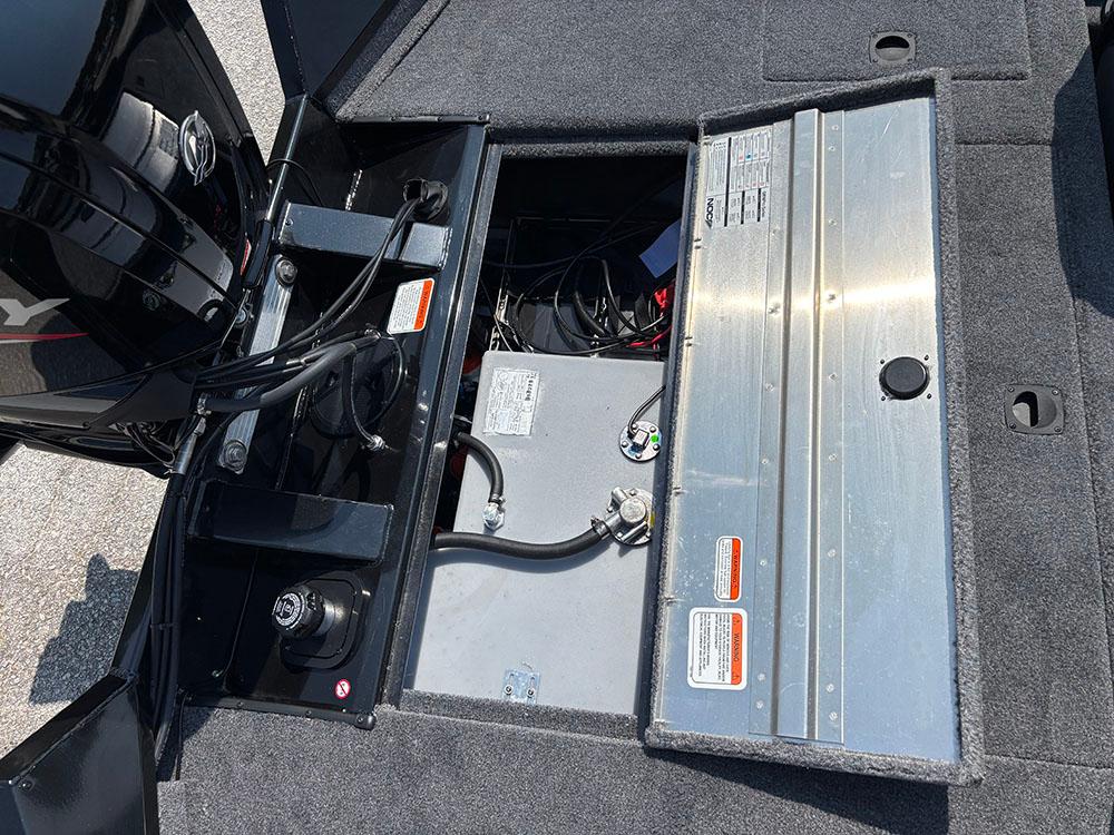 2025 Tracker Pro Team 175 Crappie Edition boat interior showing open storage compartments.
