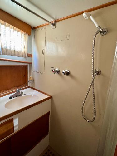 1979 Grand Banks Classic yacht bathroom with shower and sink.