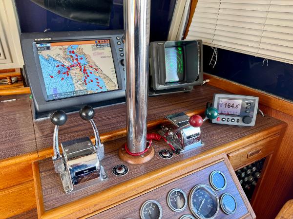 1979 Grand Banks Classic boat dashboard with navigation equipment and controls.