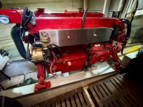 Red American Diesel engine in a 1979 Grand Banks Classic boat.