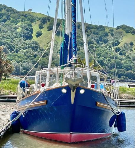 1975 Salar 40 sailboat docked with scenic hillside backdrop.