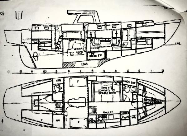 Blueprint of 1975 Salar 40 sailboat, showcasing interior layout and design details.