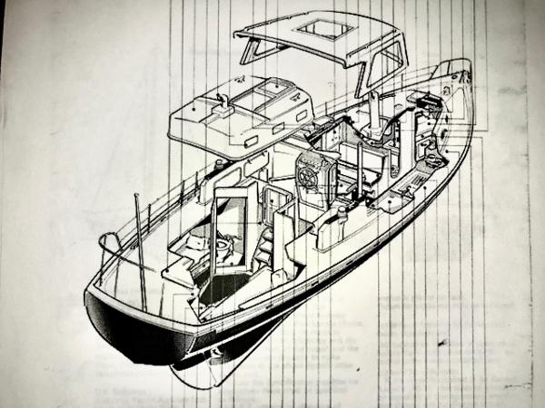 Line drawing of a 1975 Salar 40 boat, showcasing interior layout and design features.