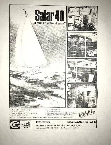 Vintage 1975 Salar 40 yacht advertisement featuring sailing and interior images.