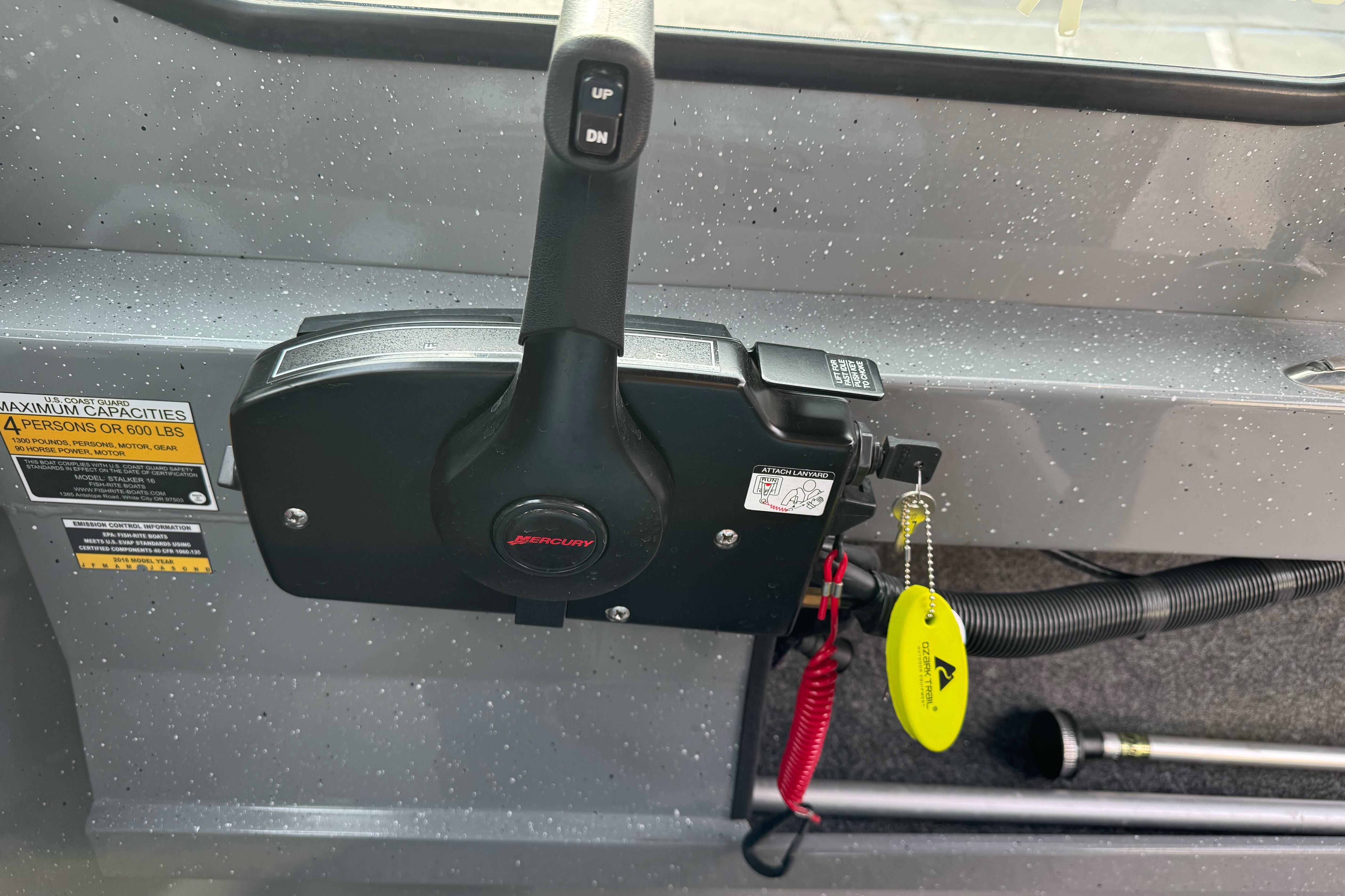 Control panel of 2018 Fish Rite 16.5 Stalker boat with Mercury throttle.