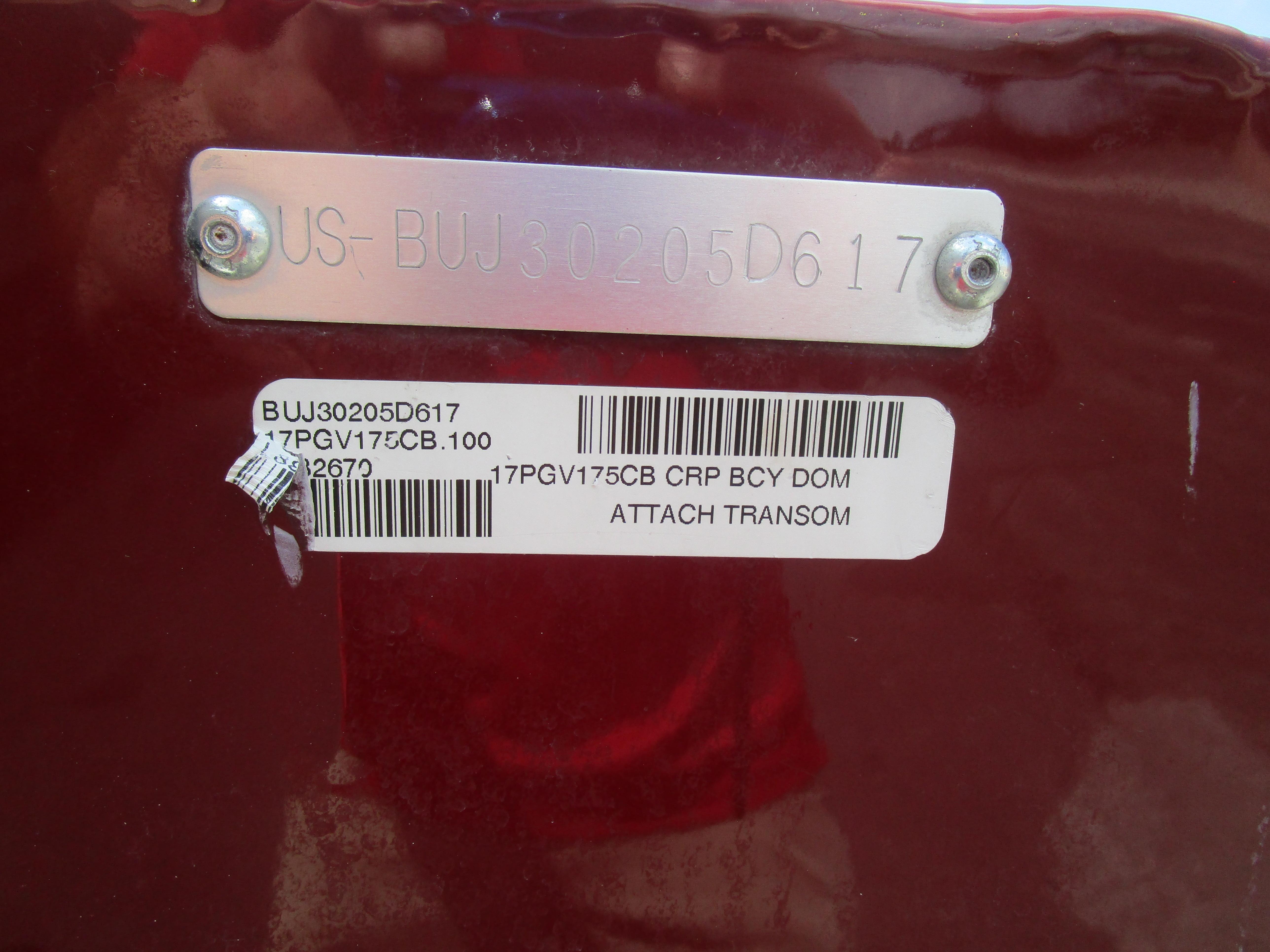 2017 Tracker PGV175 COMBO boat identification plate with serial numbers and barcode.