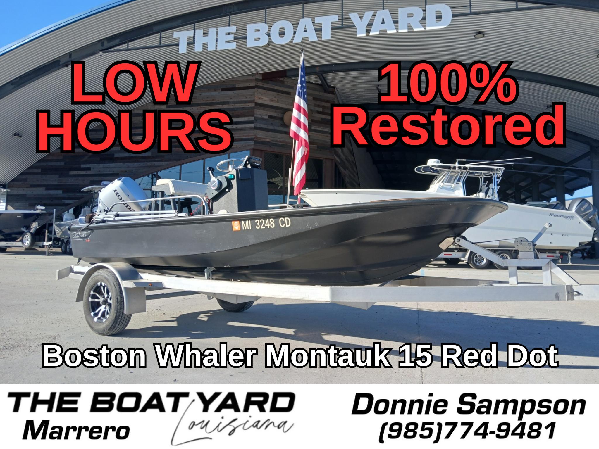 1980 Boston Whaler 15 Montauk, fully restored, low hours, displayed at The Boat Yard, Marrero.