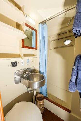 1939 Stephens Brothers Bridgedeck Cruiser bathroom with sink, shower, and blue towels.