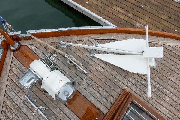 1939 Stephens Brothers Bridgedeck Cruiser deck with anchor and winch.