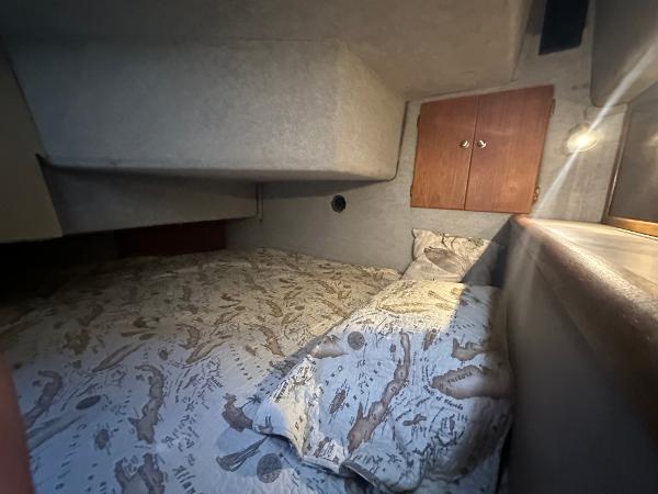 Cozy cabin interior of 1987 Bayliner 3888 Motoryacht with patterned bedding and wooden cabinets.