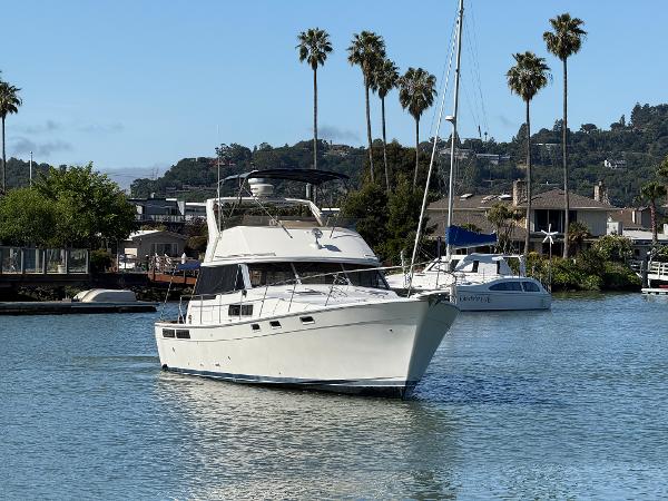 1987 Bayliner 3888 Motoryacht cruising on a scenic waterway with palm trees.