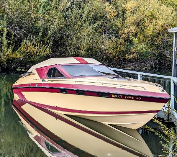 1980 Tahiti Ocean Racer boat docked by lush greenery.