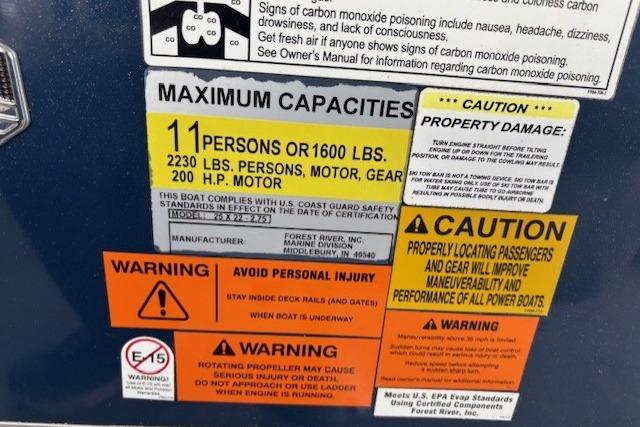 2017 South Bay 222 RS capacity and safety warning labels, including maximum load and cautionary notes.