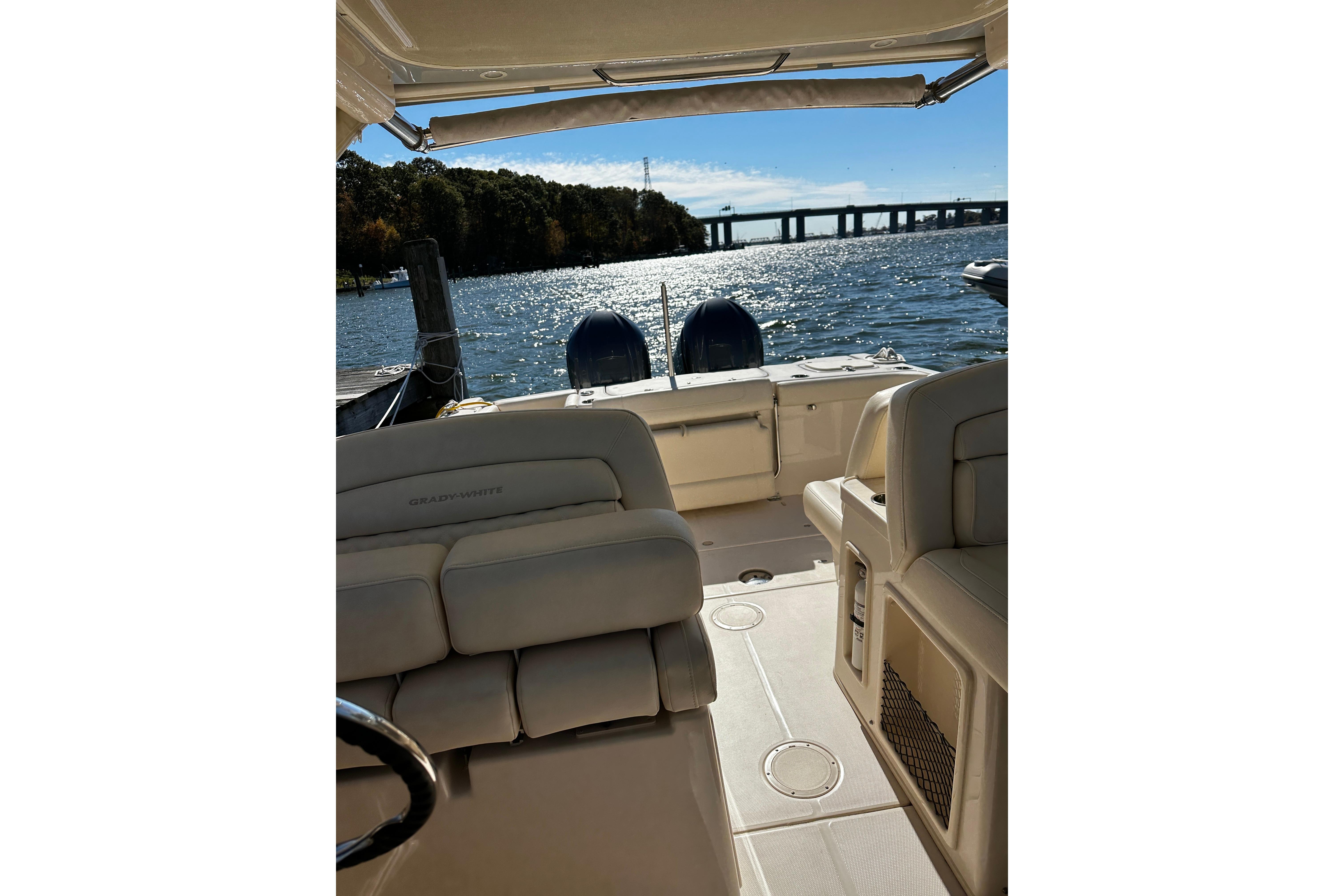 2023 Grady-White Freedom 307 boat interior with scenic water view.