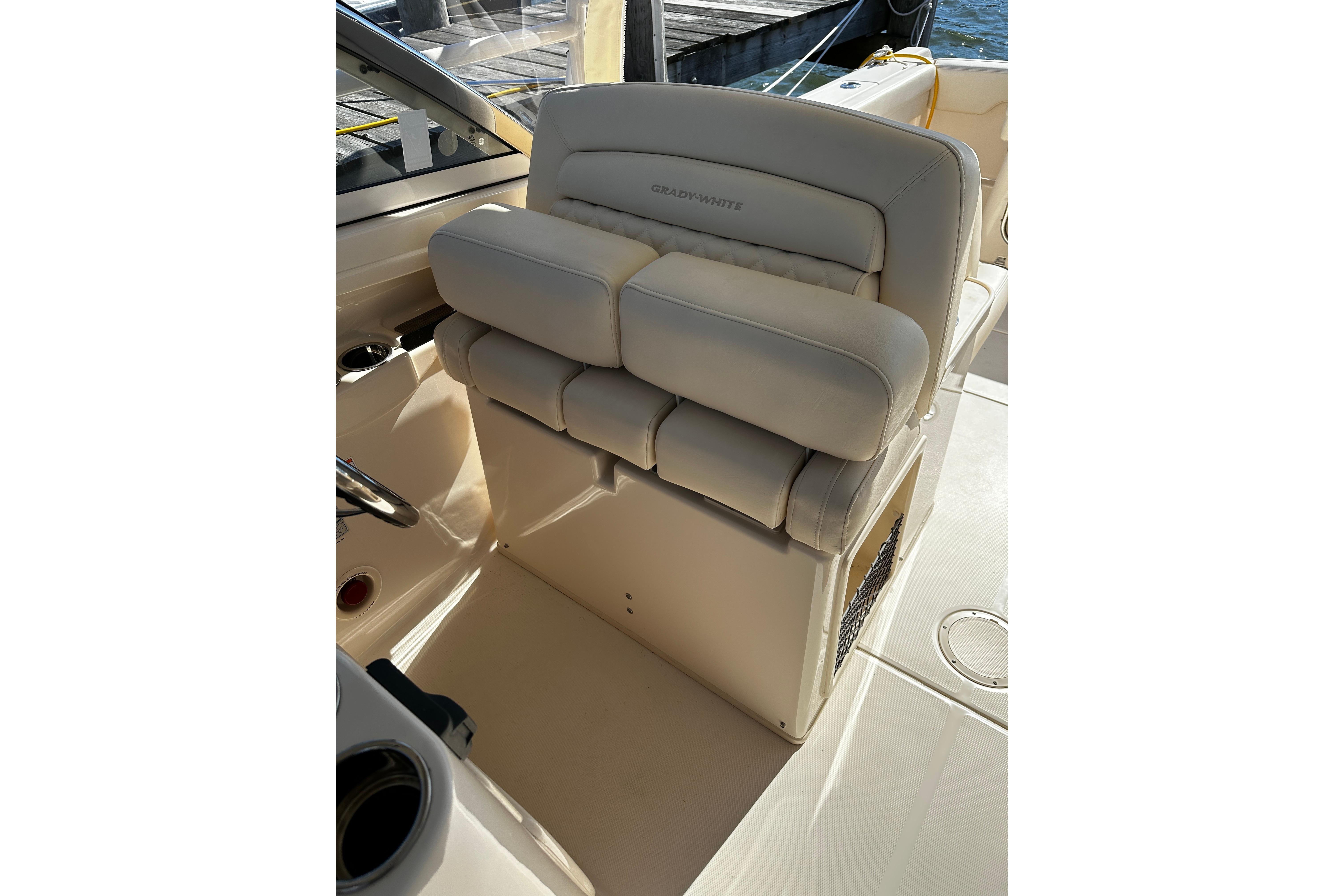 2023 Grady-White Freedom 307 boat seat with beige upholstery.
