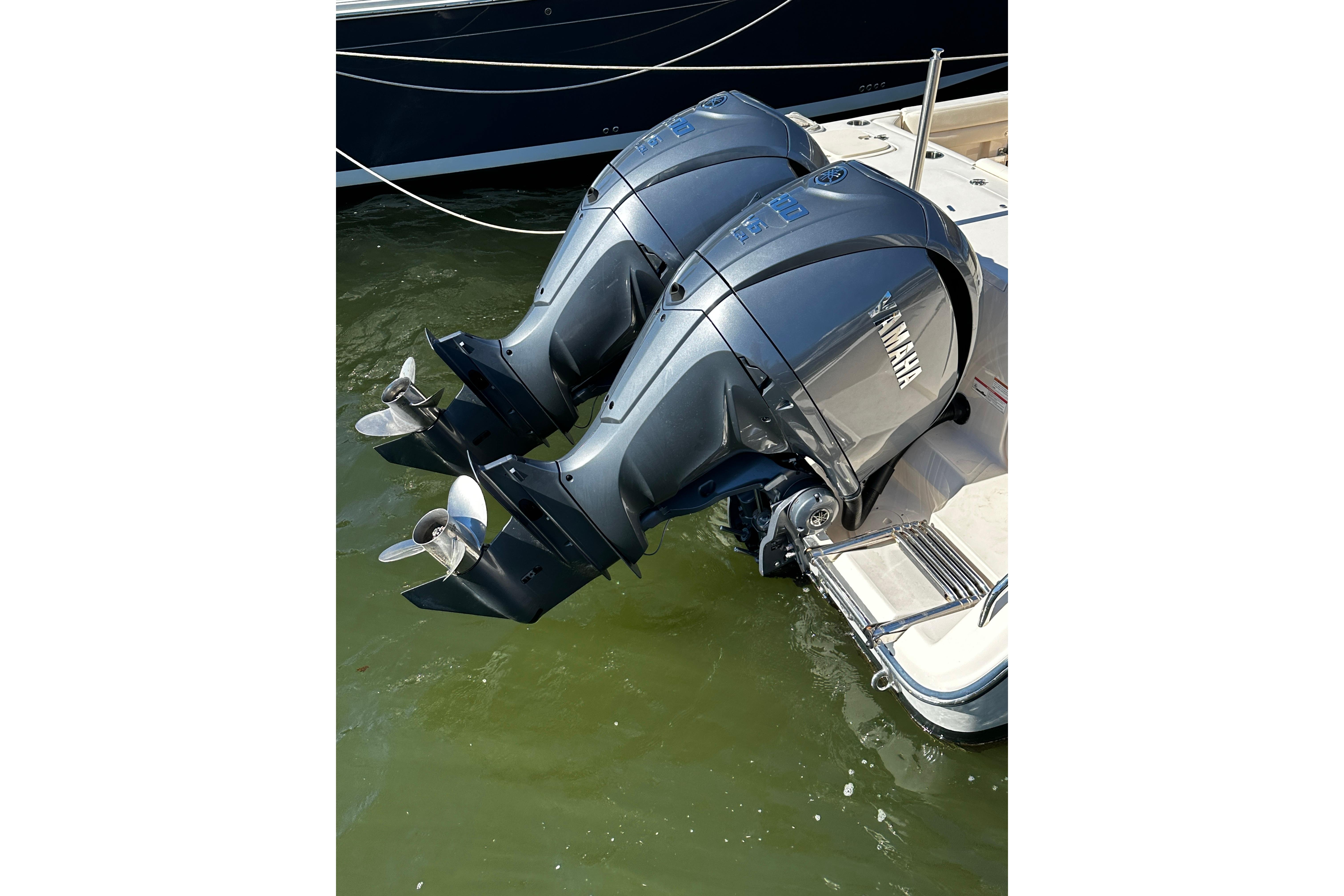 Twin Yamaha outboard engines on a 2023 Grady-White Freedom 307 boat.