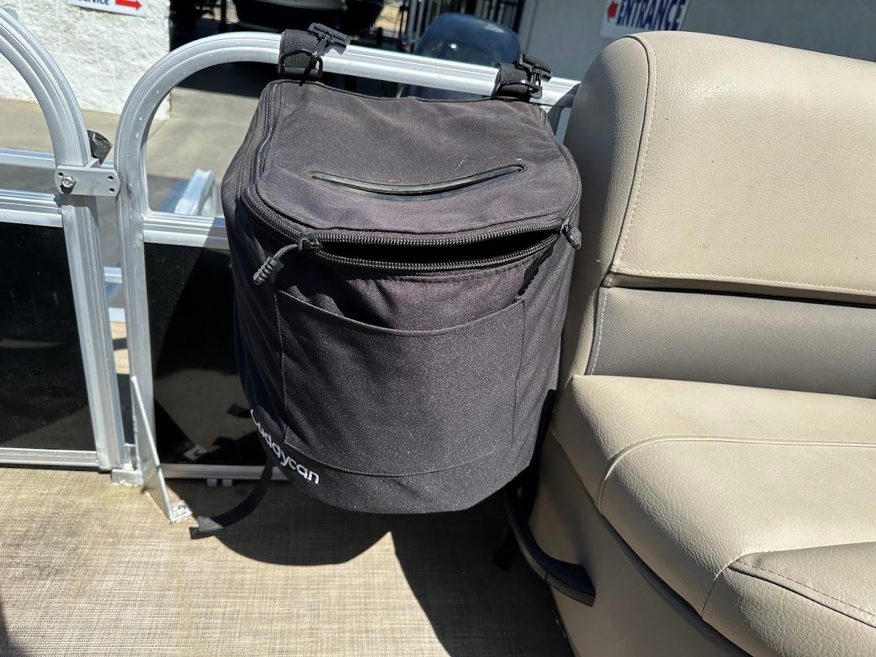 Black storage bag on 2022 Sun Tracker Bass Buggy 16 XL Select pontoon boat seat.