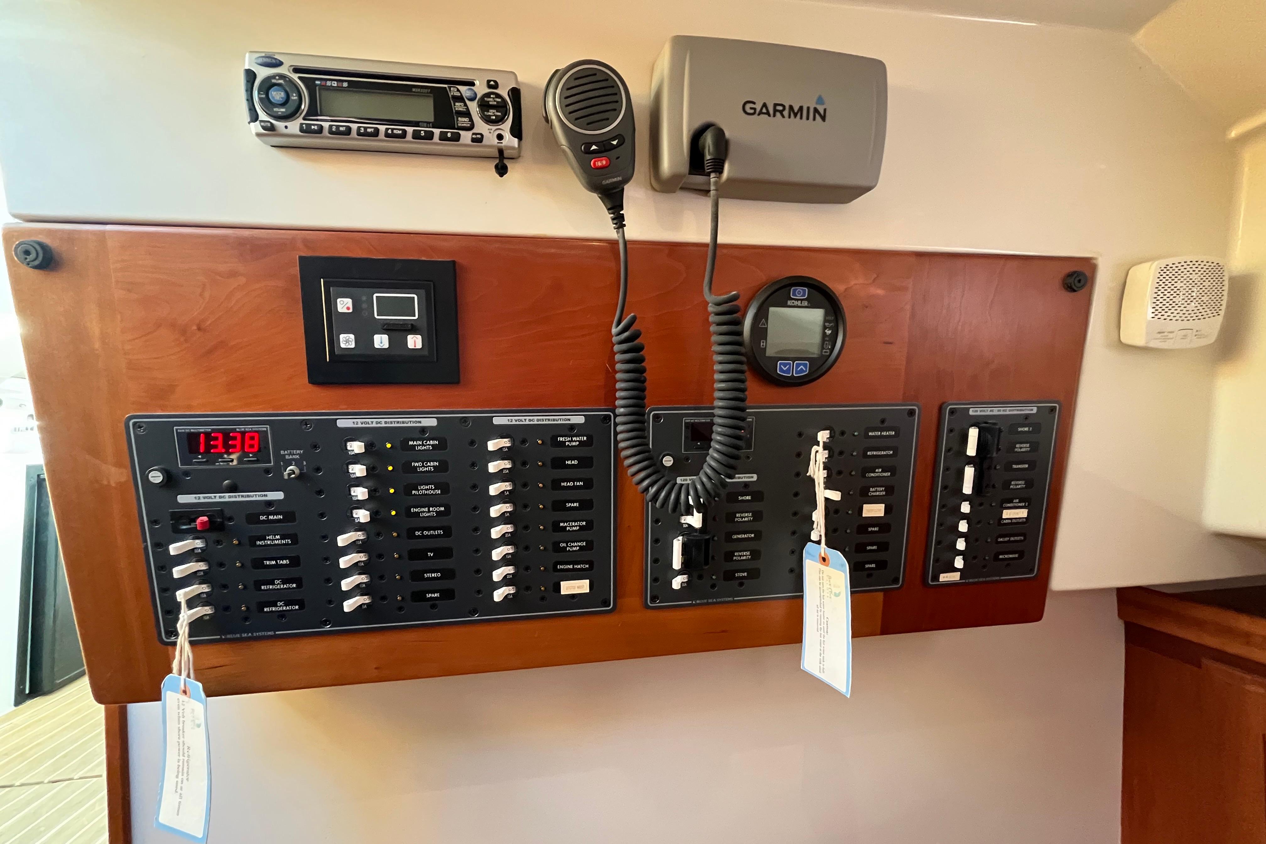 Electrical control panel on a 2010 Back Cove 33 Express Hardtop boat.