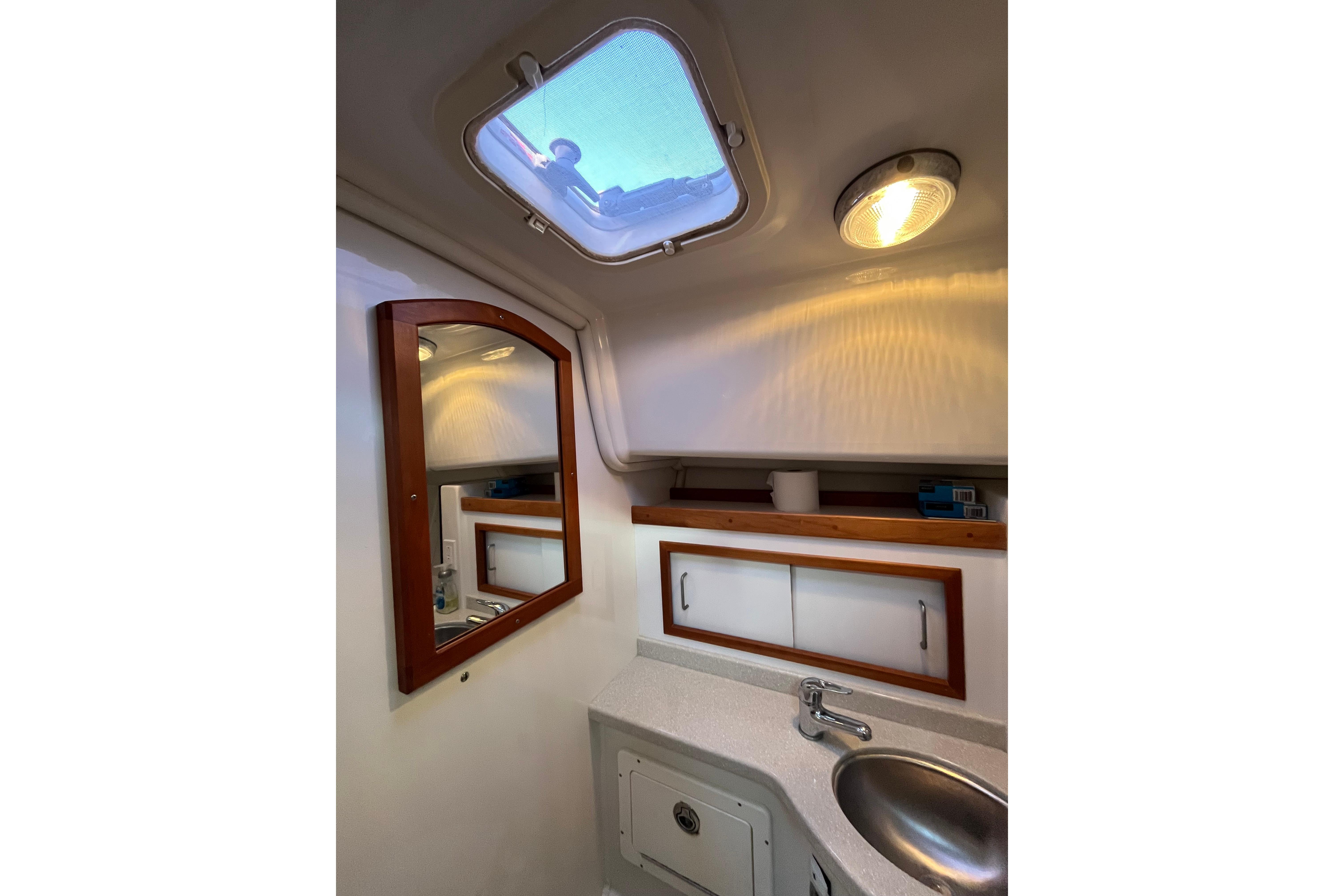 2010 Back Cove 33 Express Hardtop bathroom with skylight, mirror, and sink.