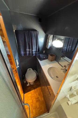 Bathroom interior of a 1991 Ocean Alexander 46 yacht with sink and toilet.