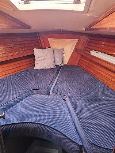 Cozy cabin interior of 1984 Schock NY 36 sailboat with blue cushions and wooden paneling.