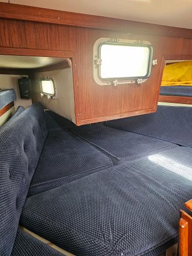 Cozy cabin interior of 1984 Schock NY 36 sailboat with blue cushions and wooden accents.