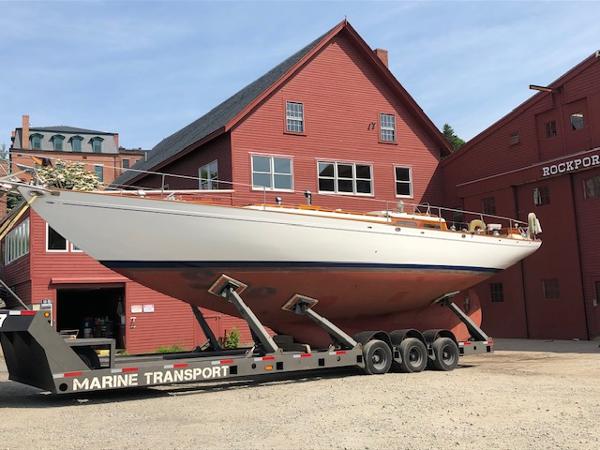 Aage Nielsen 50' Yawl from 1956 on a trailer at Rockport Marine.