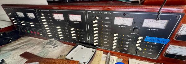 Electrical control panel on a 1956 Aage Nielsen 50' Yawl sailboat.