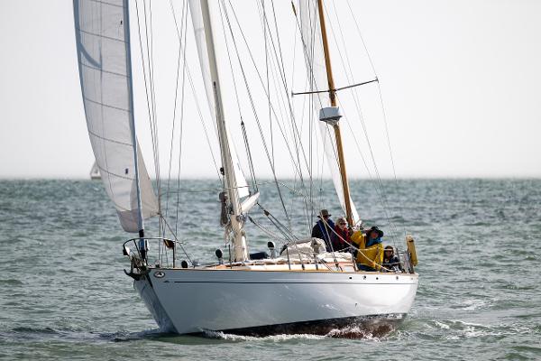 Aage Nielsen 50' Ketch sailing on open water, 1956 vintage yacht.