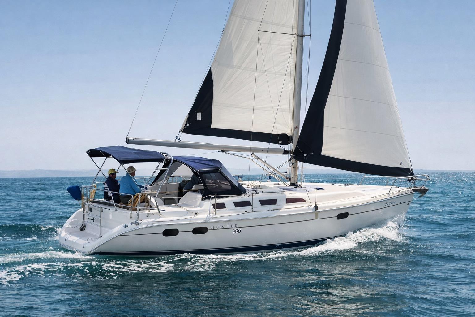 2004 Hunter 386 sailboat cruising on open water under clear skies.