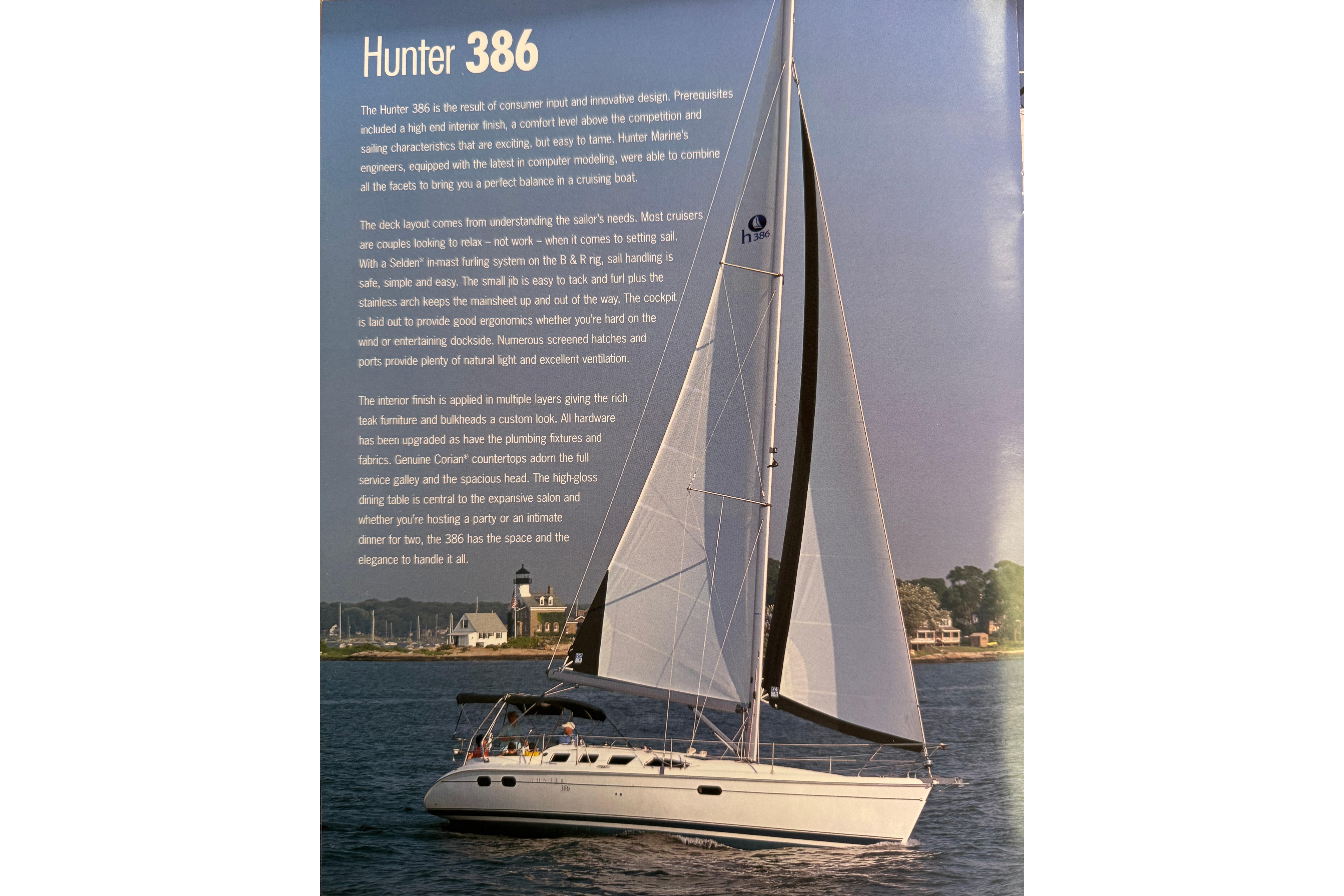 Sailboat cruising near shoreline, featuring Hunter 386 model, 2004, with detailed specifications.