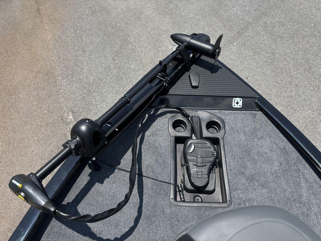 Bow of 2025 Tracker SAVAGE™ 215 boat with trolling motor and foot pedal.