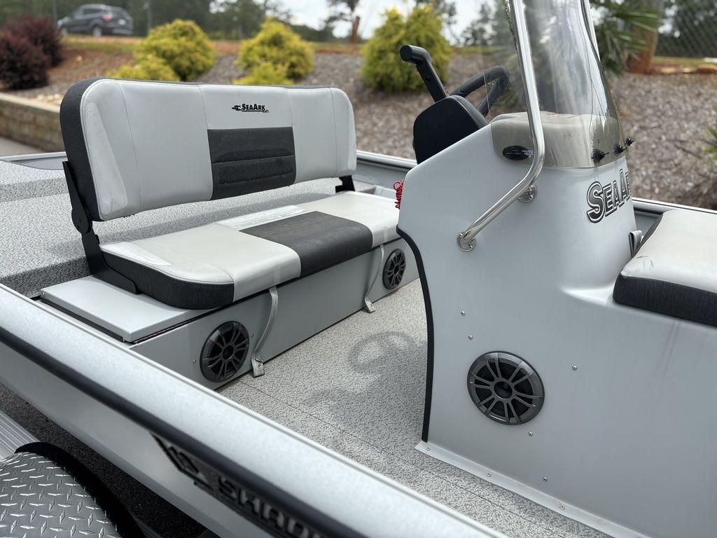 2025 SeaArk Shadow 18 Center Console boat interior with seating and console details.