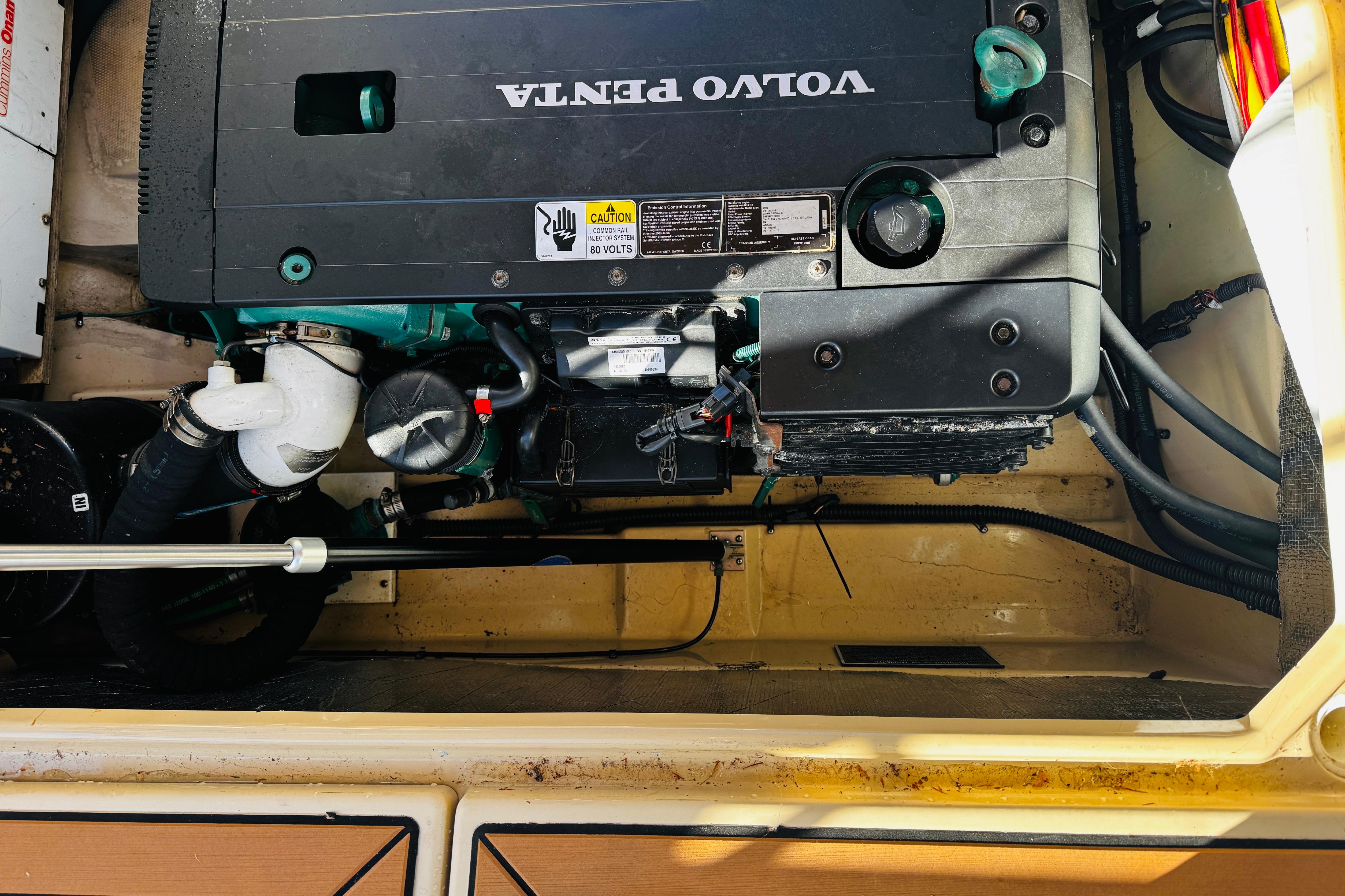 Engine compartment of a 2012 Ranger Tugs R-31 with Volvo Penta engine.