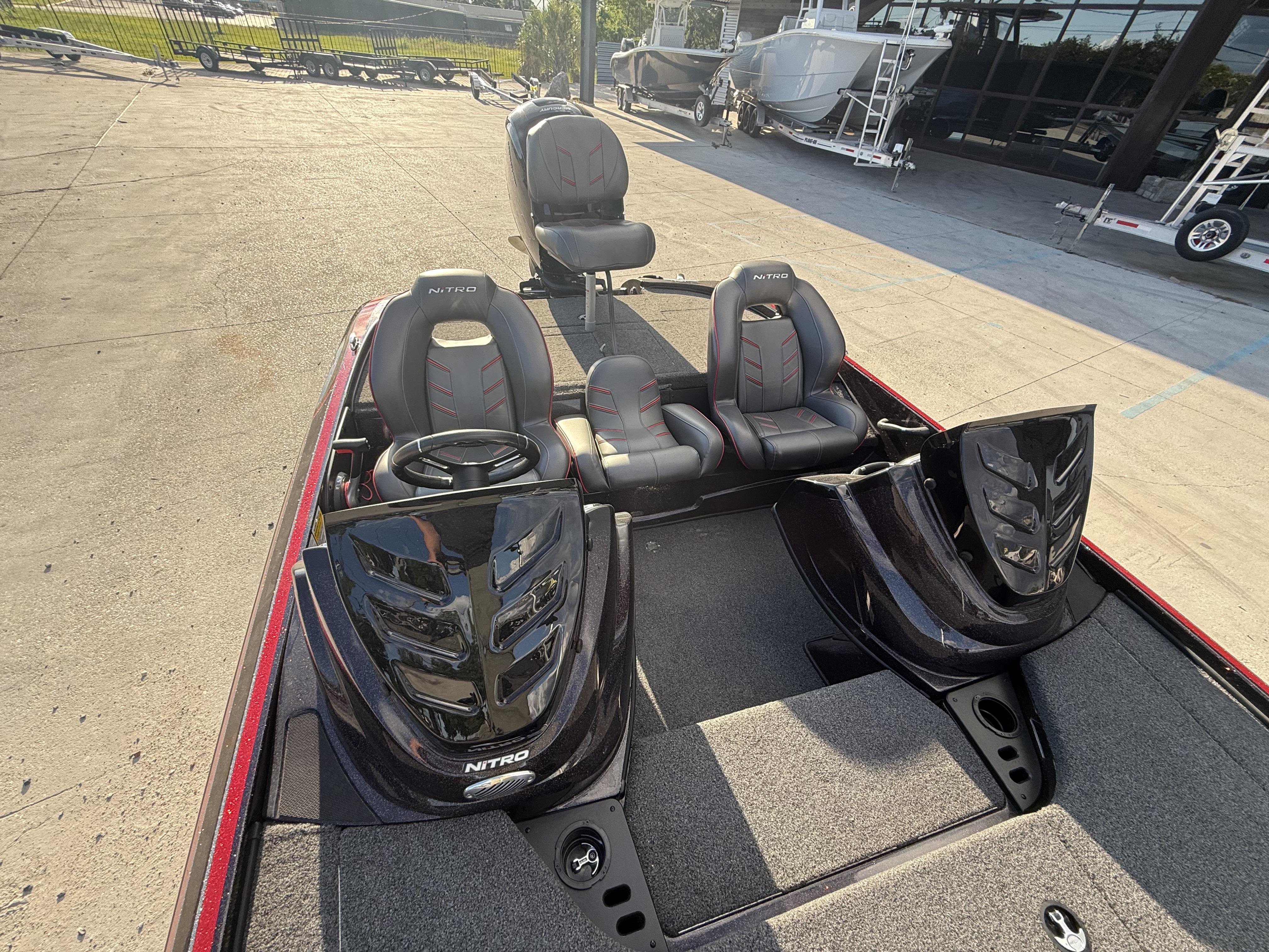 2019 Nitro Z18 DC boat with dual consoles and seating, parked outdoors.