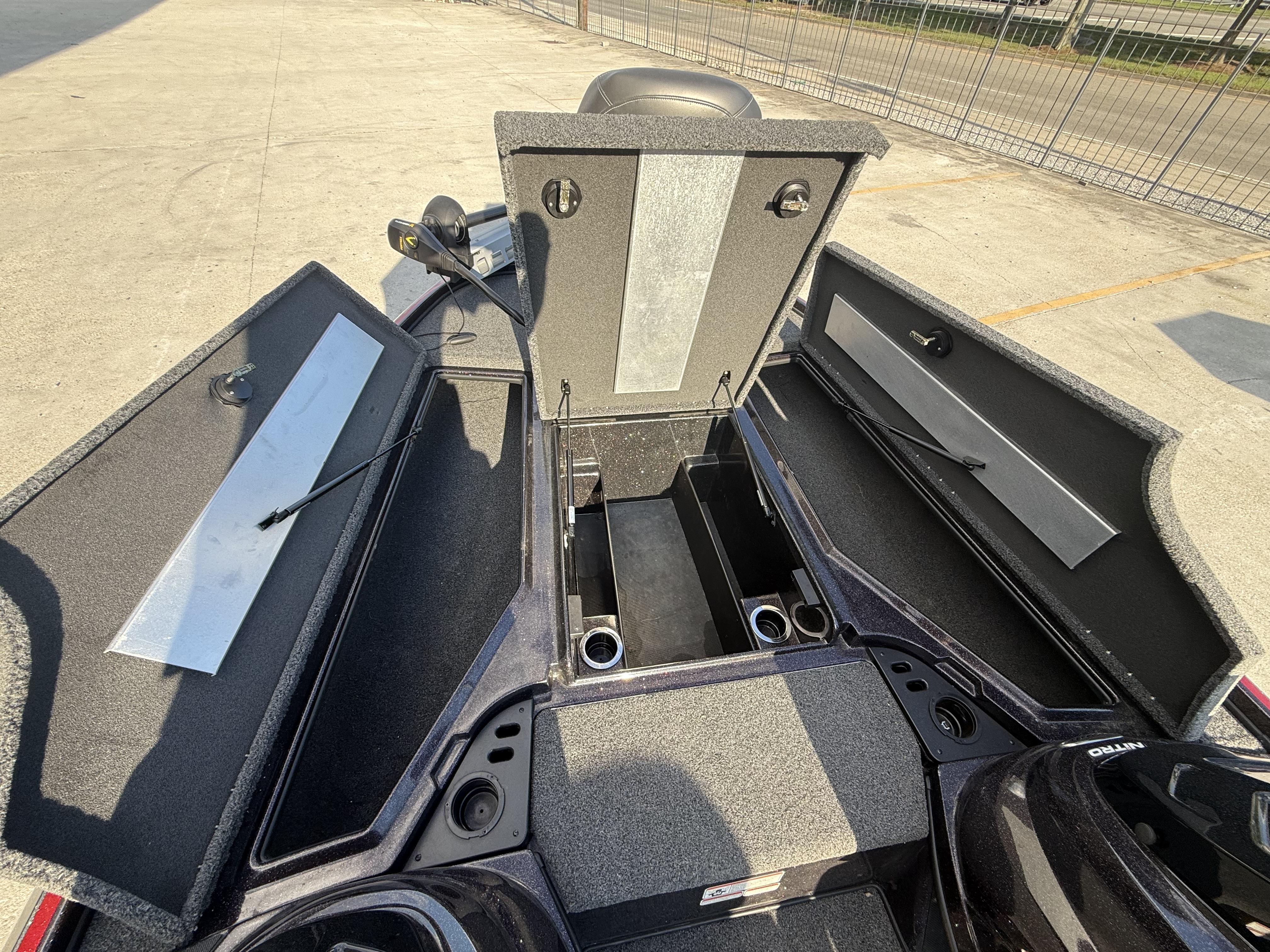 2019 Nitro Z18 DC boat storage compartments open, showcasing interior space and design.