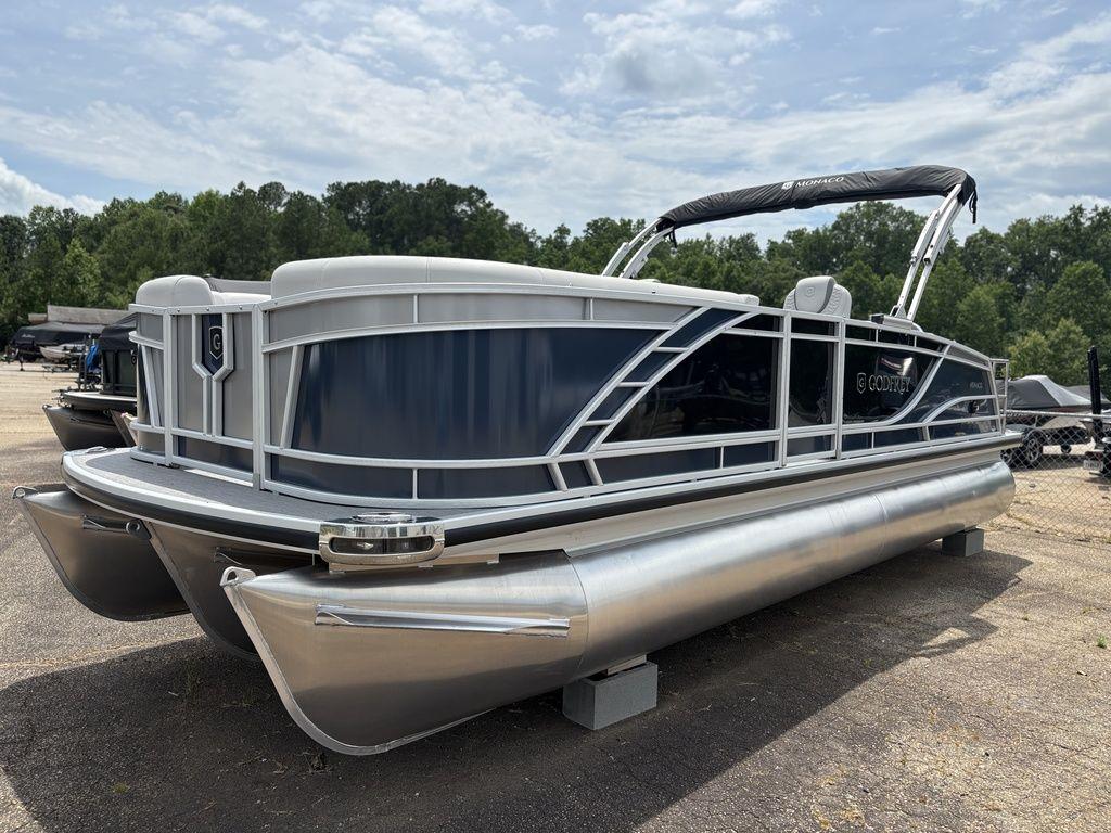 2025 Godfrey Monaco 235 DFL pontoon boat with sleek design and canopy.