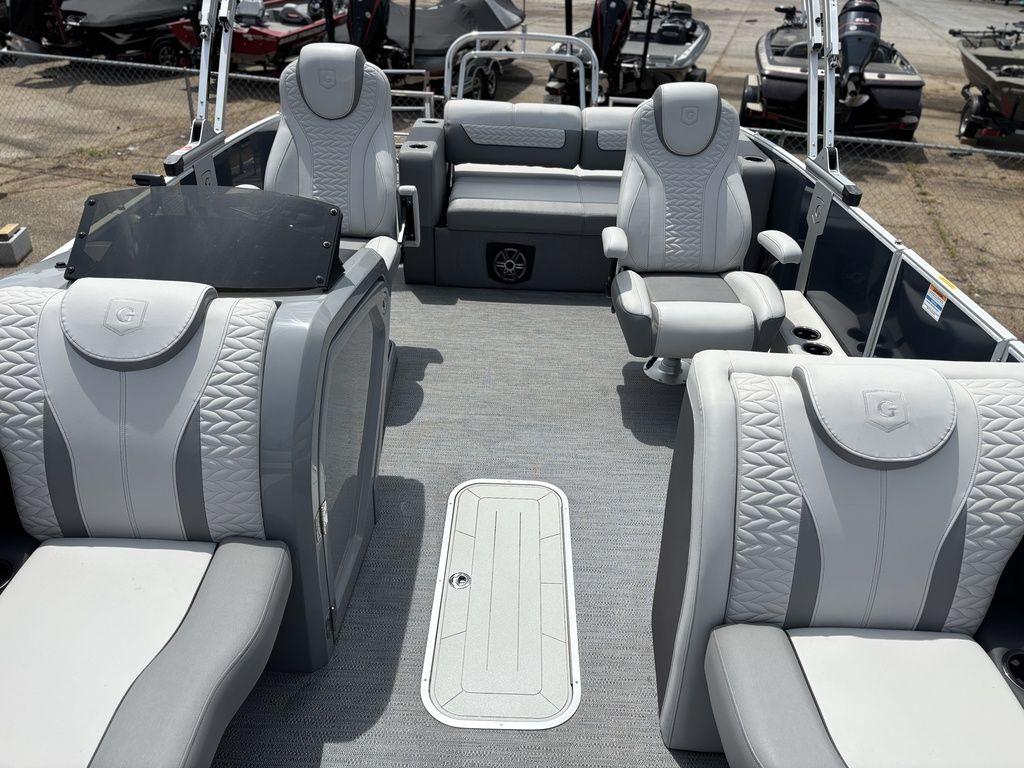 2025 Godfrey Monaco 235 DFL pontoon boat interior with luxurious seating and modern design.