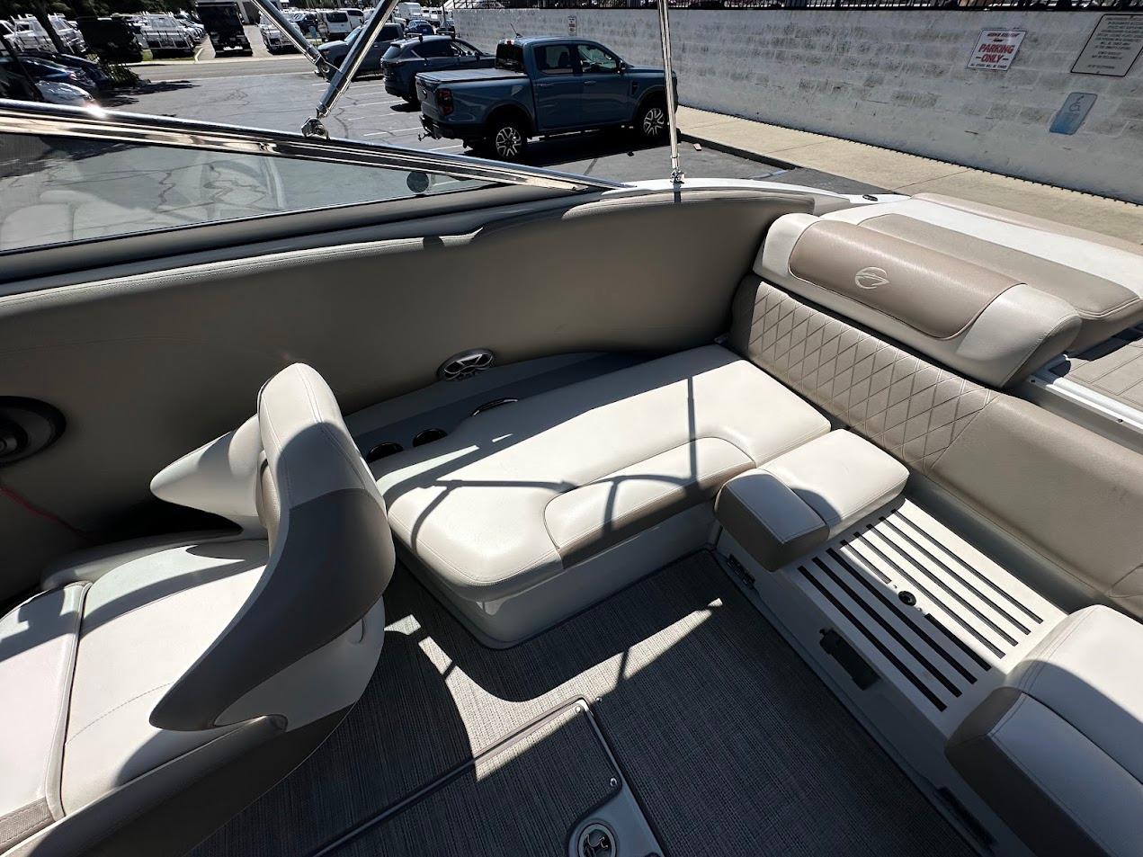 2019 Crownline 235 SS boat interior with beige seating and modern design.